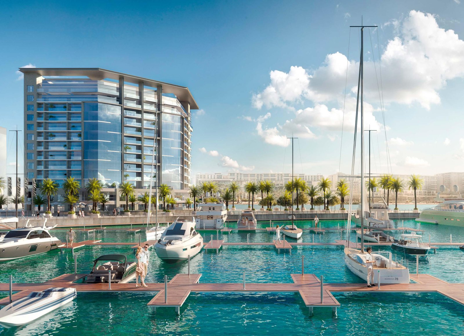 Modern exterior façade of The Bay Residence Yas Island Abu Dhabi showcasing premium real estate design along Yas Bay marina promenade.