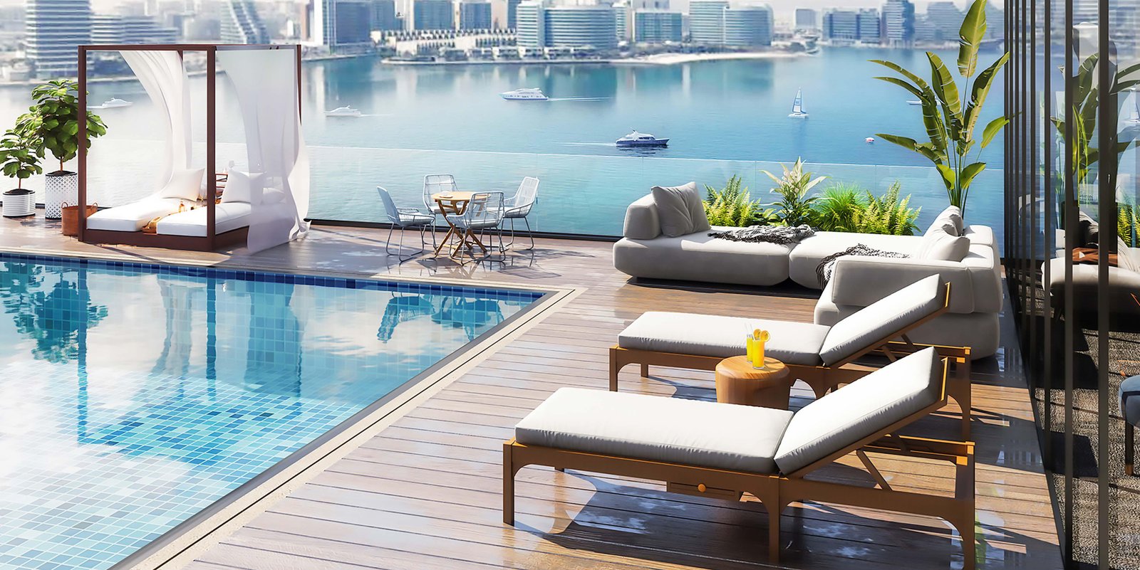 Aerial overview of The Bay, Yas Island, Abu Dhabi—a premier waterfront destination with residential towers, dining outlets, and leisure facilities.